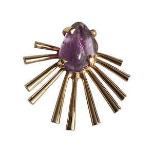 Vtg Gold Plated Raw Amethyst Quartz Sun Burst Pin Brooch